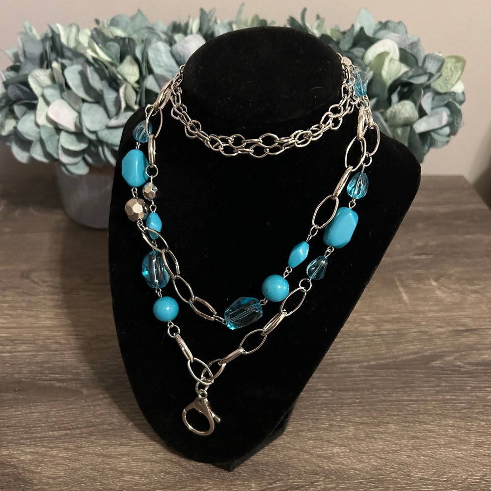 Blue Beaded Multi-Layer ID Holder Necklace